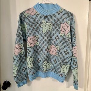 Vintage Diane Von Furstenberg Floral Patterned Blue Sweater